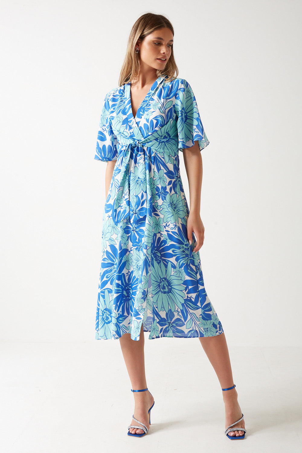Gina Floral Print Wrap Dress in Blue
