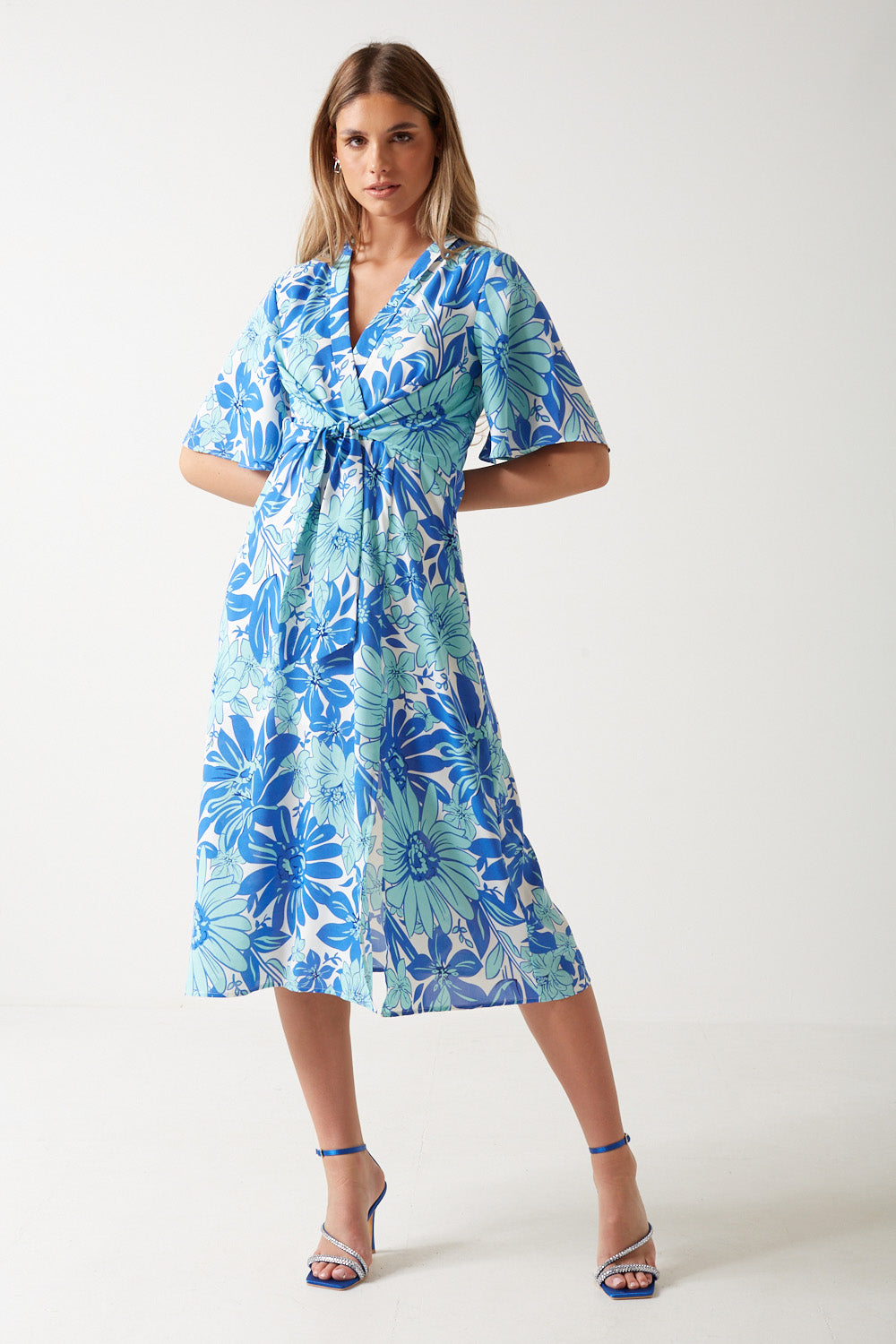 Gina Floral Print Wrap Dress in Blue