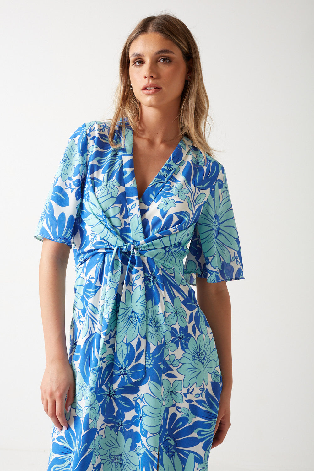 Gina Floral Print Wrap Dress in Blue