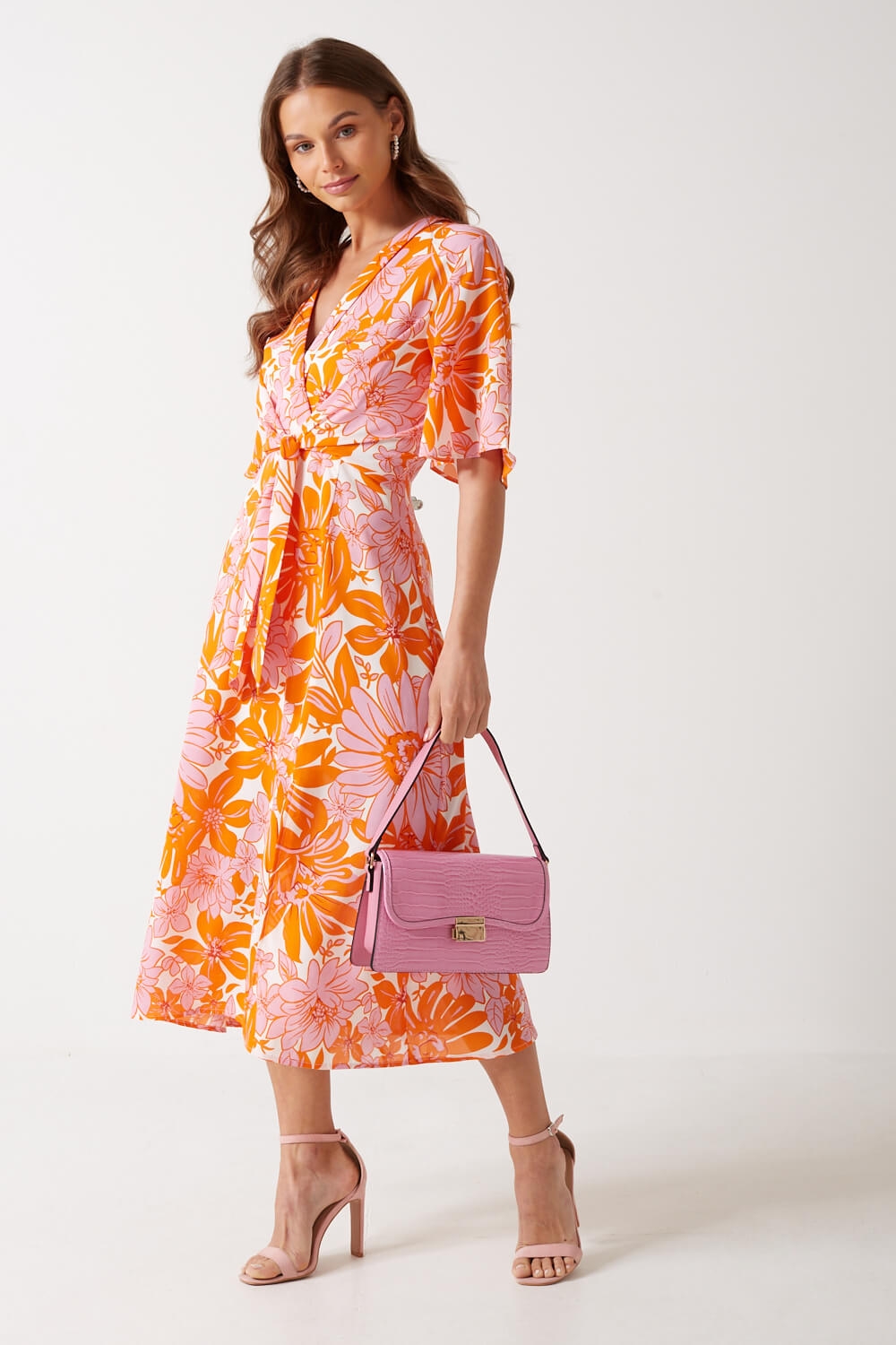 Gina Floral Print Wrap Dress in Orange