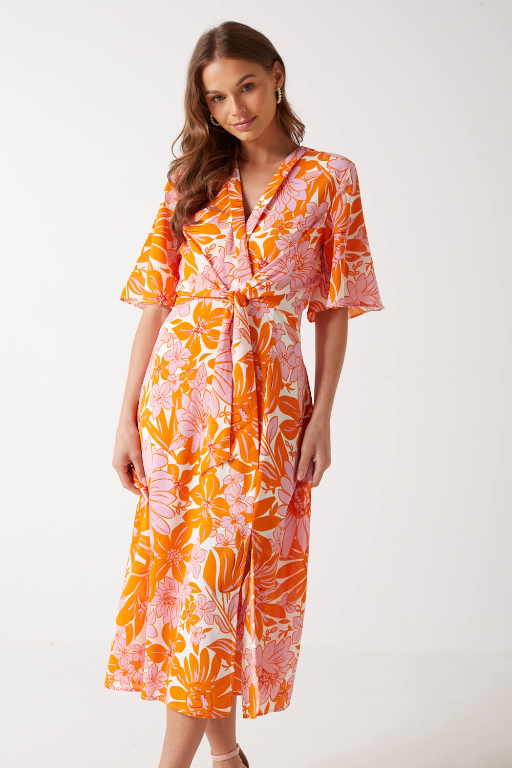 Gina Floral Print Wrap Dress in Orange
