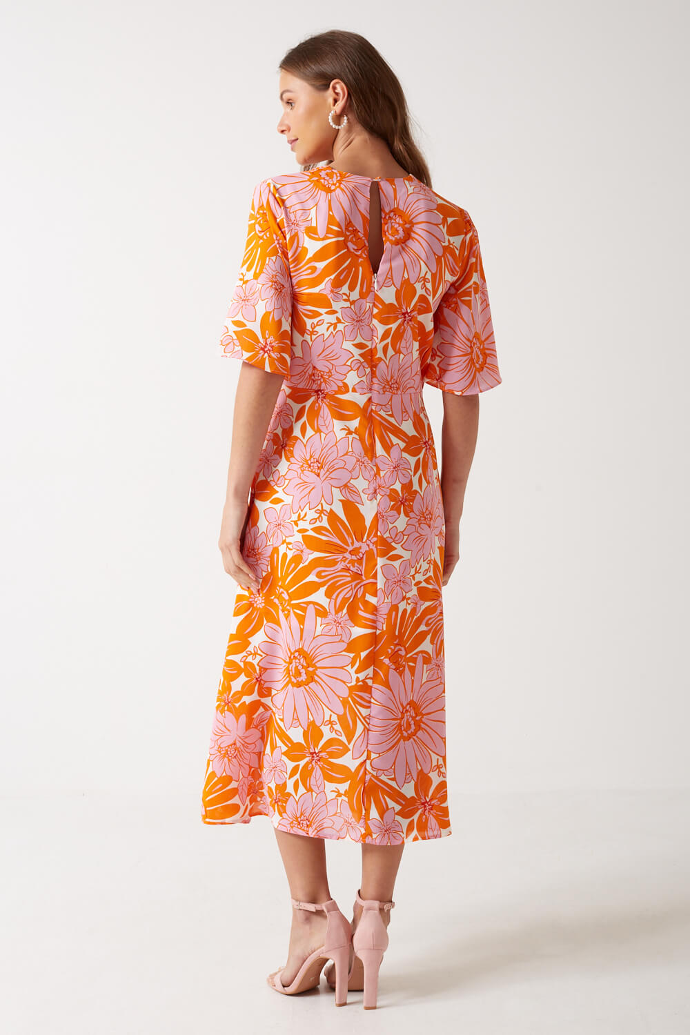 Gina Floral Print Wrap Dress in Orange
