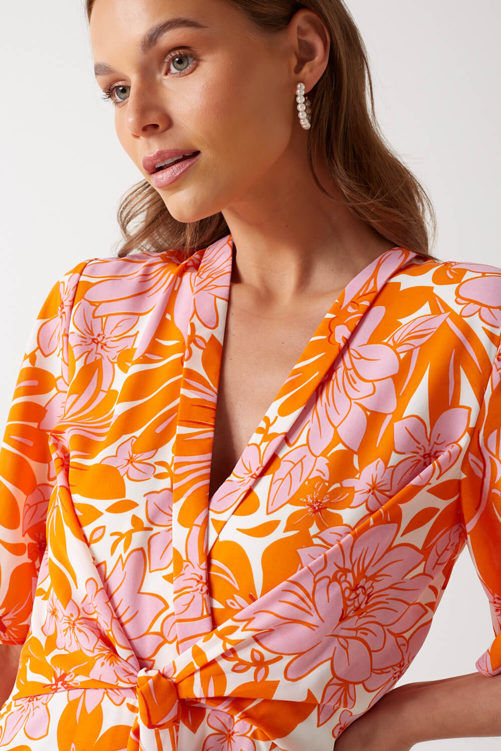Gina Floral Print Wrap Dress in Orange