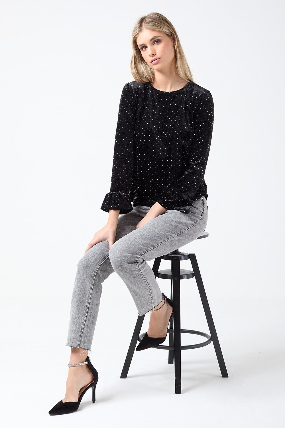 Donna Velvet Diamante Top in Black