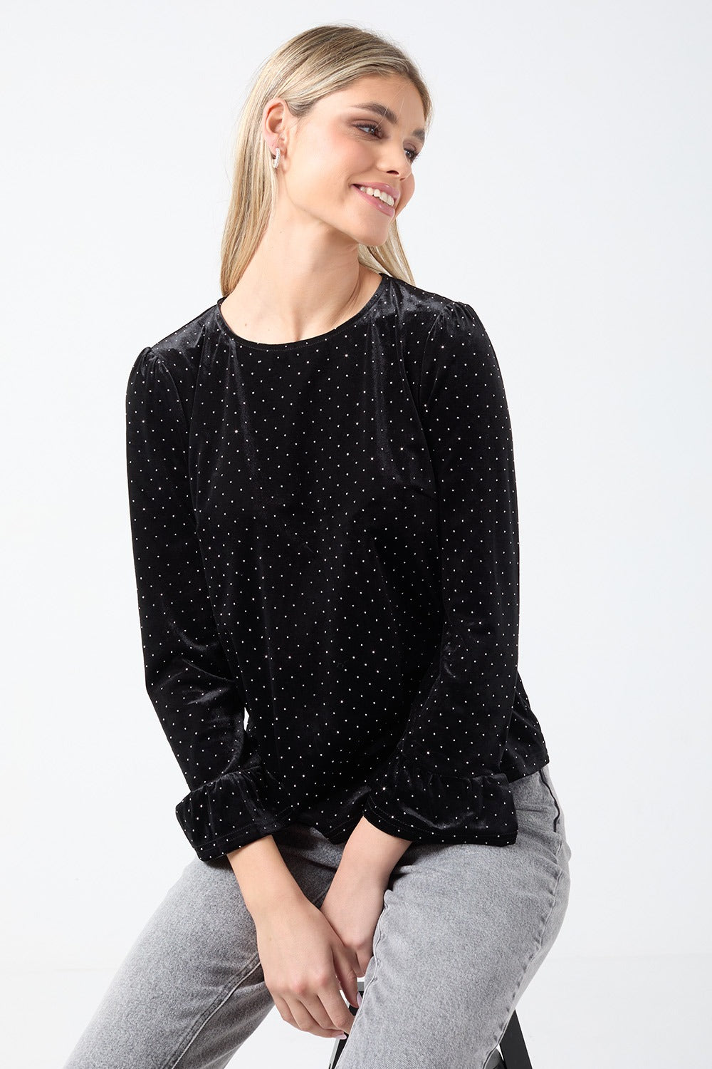 Donna Velvet Diamante Top in Black