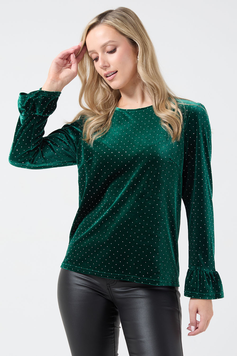 Donna Velvet Diamante Top in Green