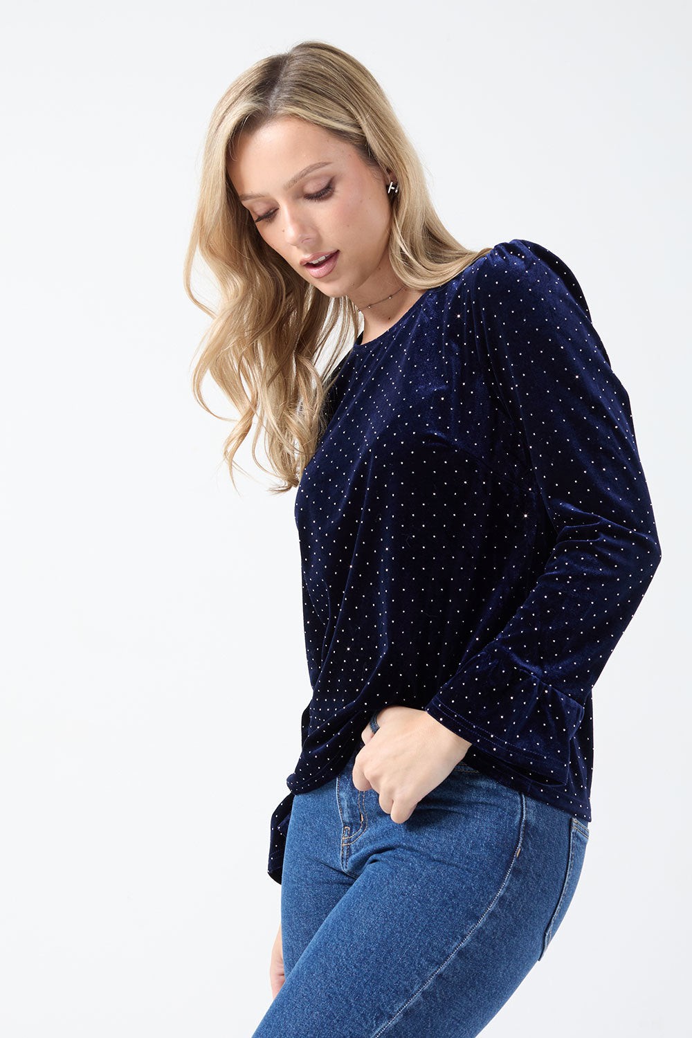 Donna Velvet Diamante Top in Navy