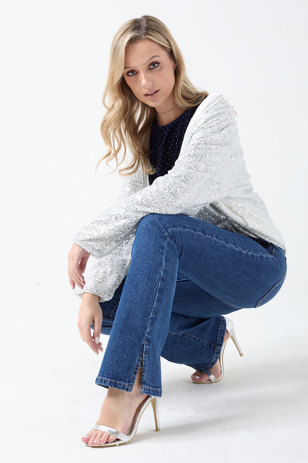 Donna Velvet Diamante Top in Navy