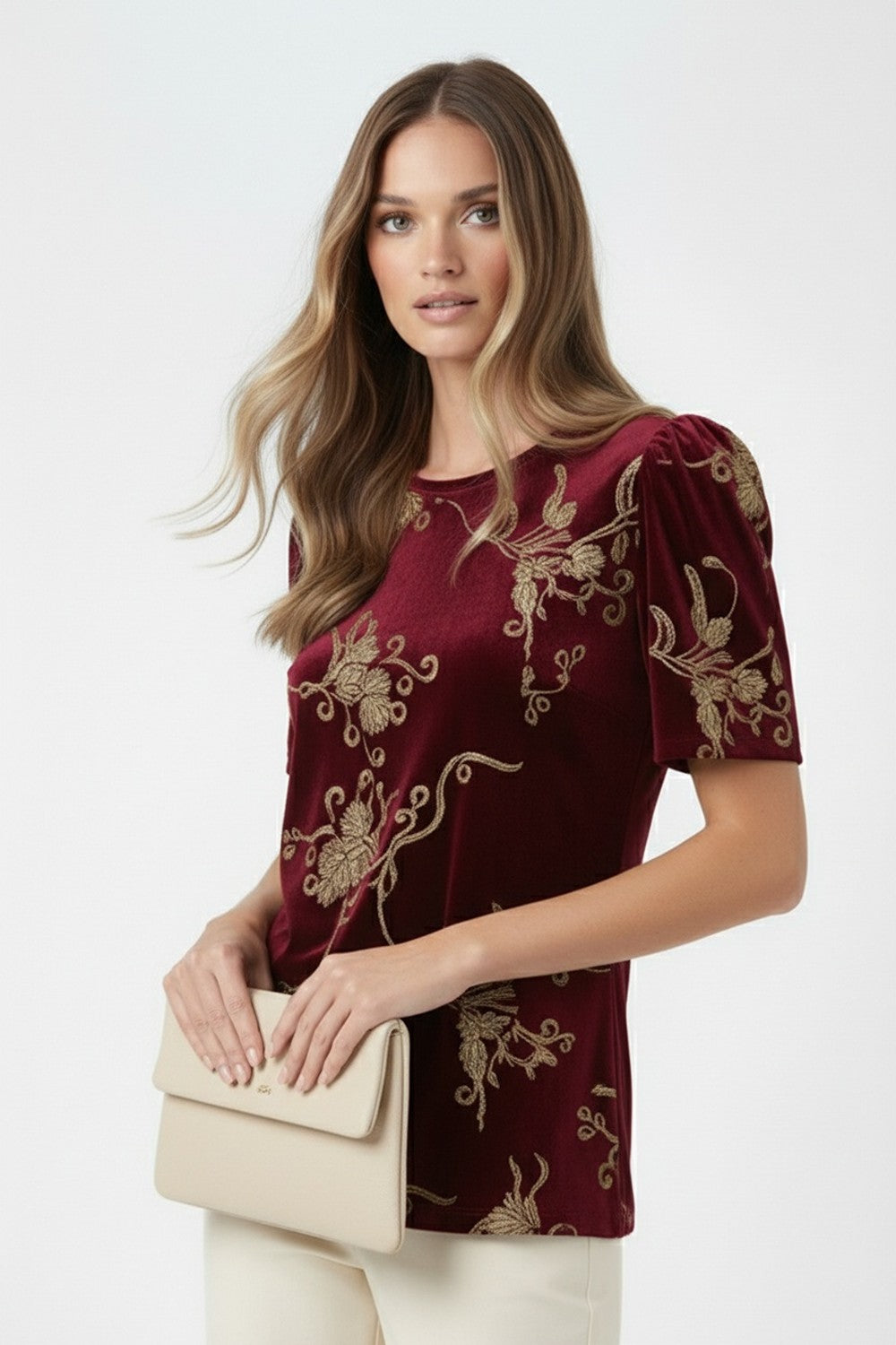 Vera Velvet Emb Top in Burgundy