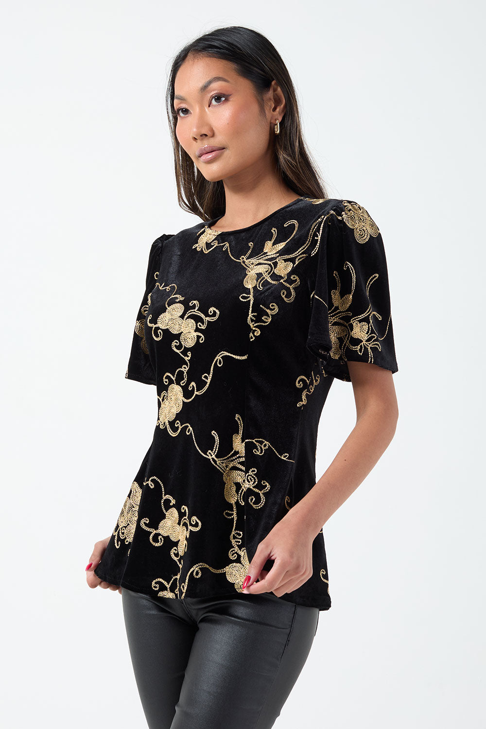 Monica Brocade Velvet Top in Black