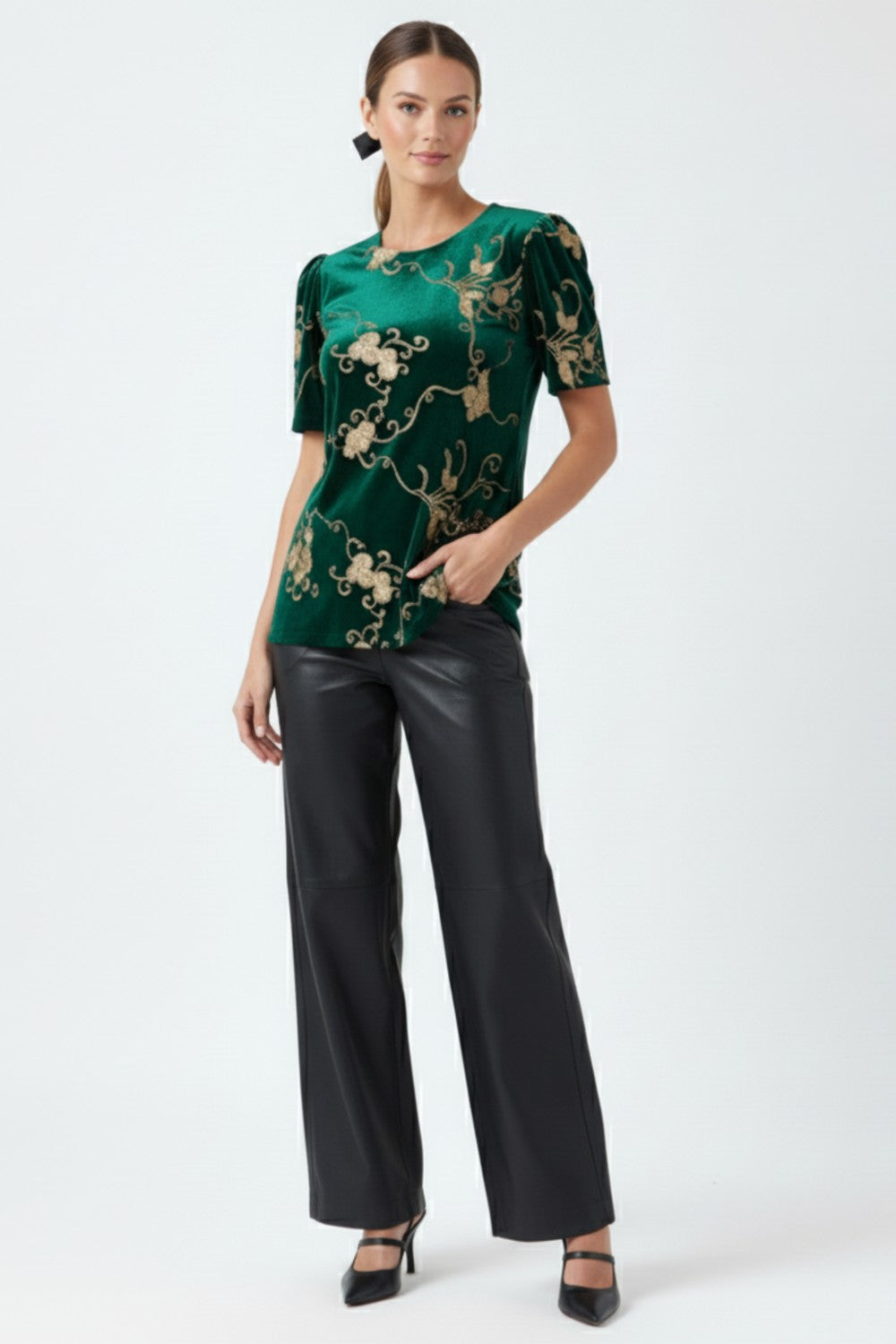 Vera Velvet Emb Top in Green