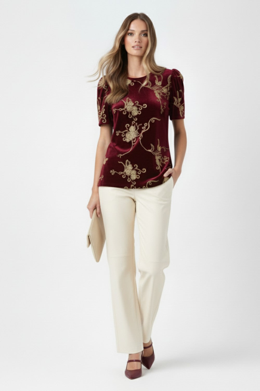 Vera Velvet Emb Top in Burgundy