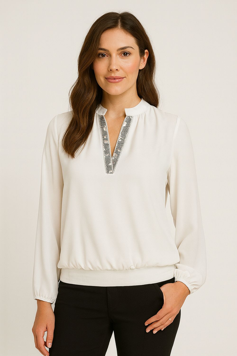 Millie Embellished V Neck Top in Cream