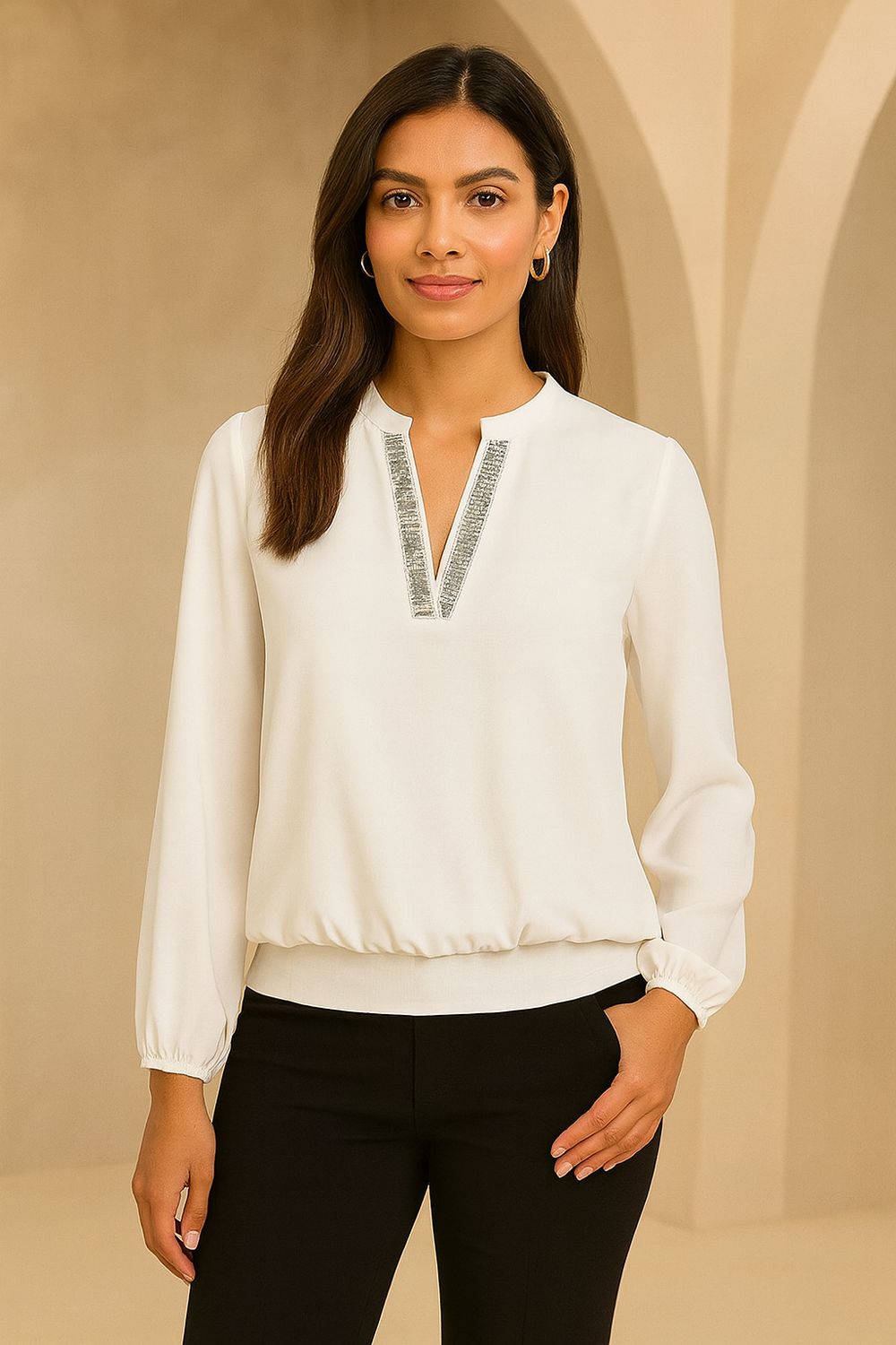 Millie Embellished V Neck Top in Cream