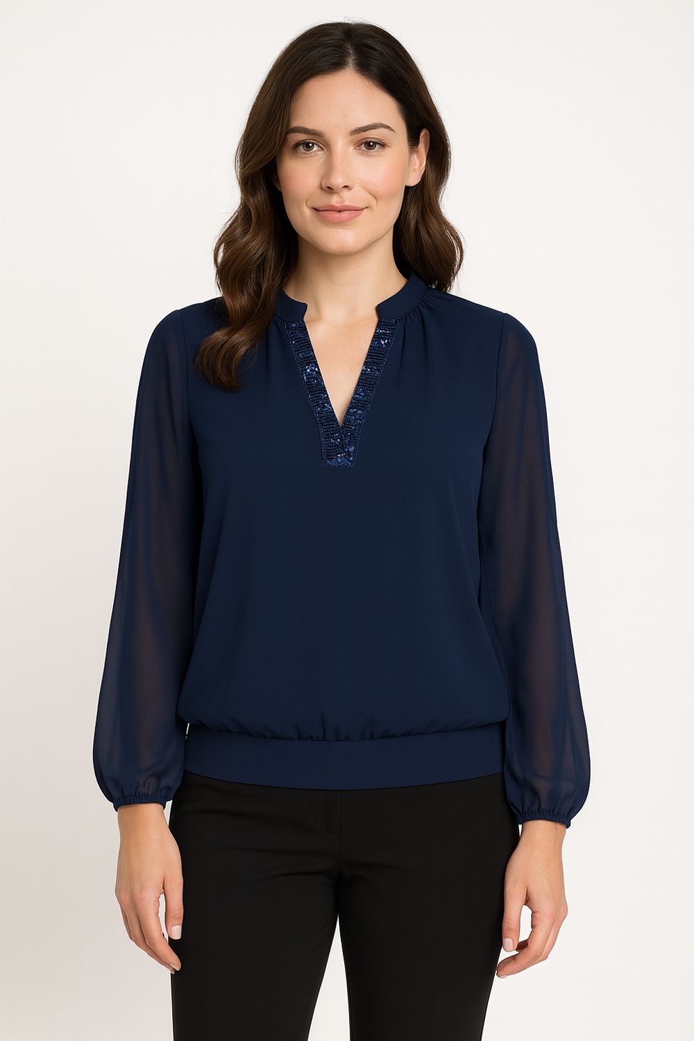 Millie Embellished V Neck Top in Navy