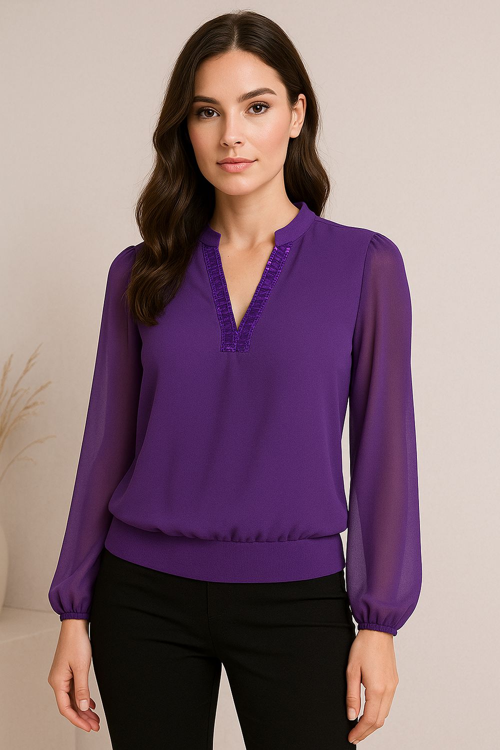 Millie Embellished V Neck Top in Purple