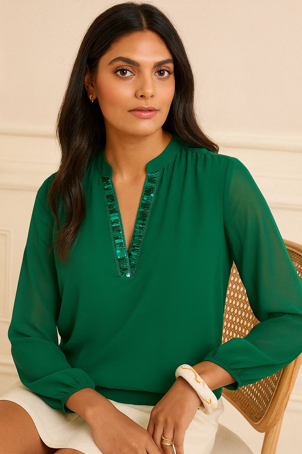 Millie Embellished V Neck Top in Forest Green