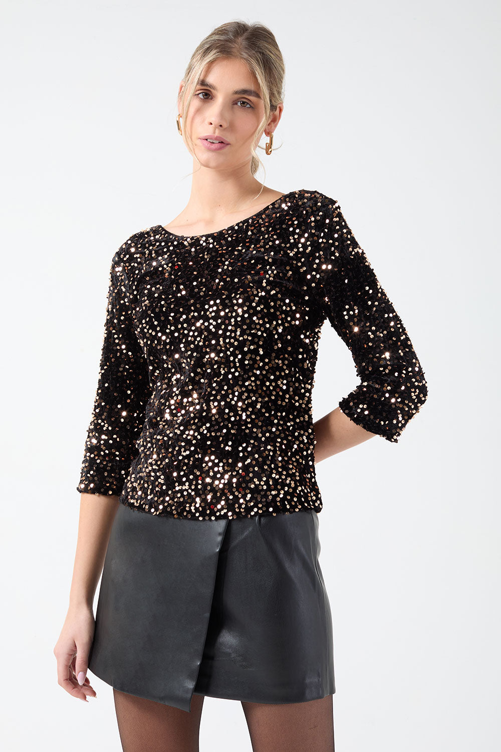 Patsy Sequin Top U Back in Black and Gold