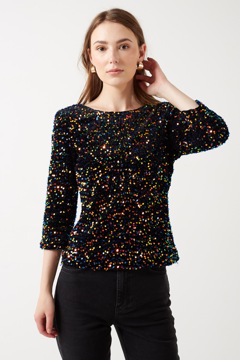 Patsy Sequin Top U Back in Black and Rose