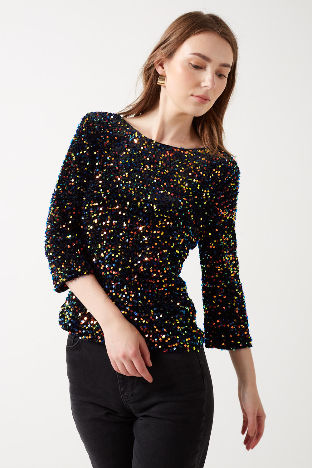 Patsy Sequin Top U Back in Black and Rose