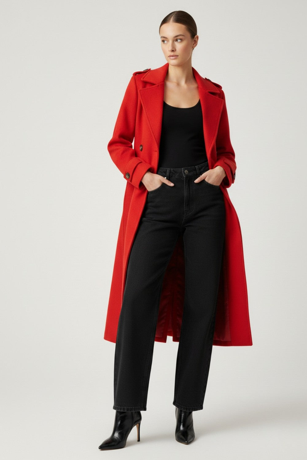 Fee Belted Longline Coat in Red