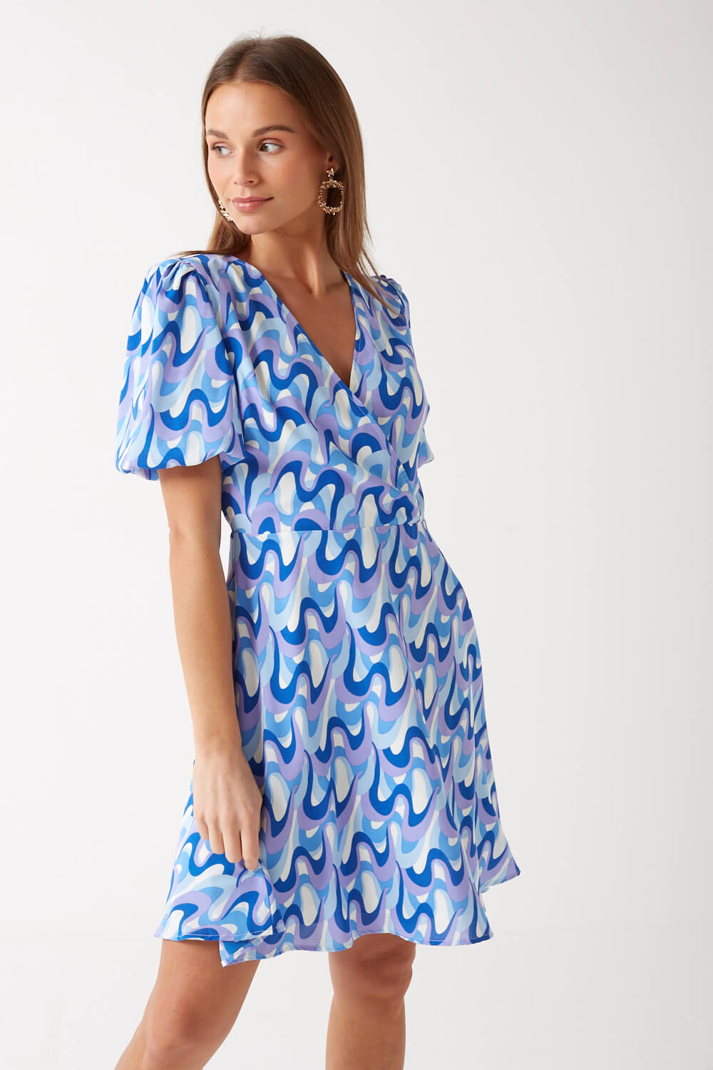 Maisie Swirl Print Puff Sleeve Dress in Blue