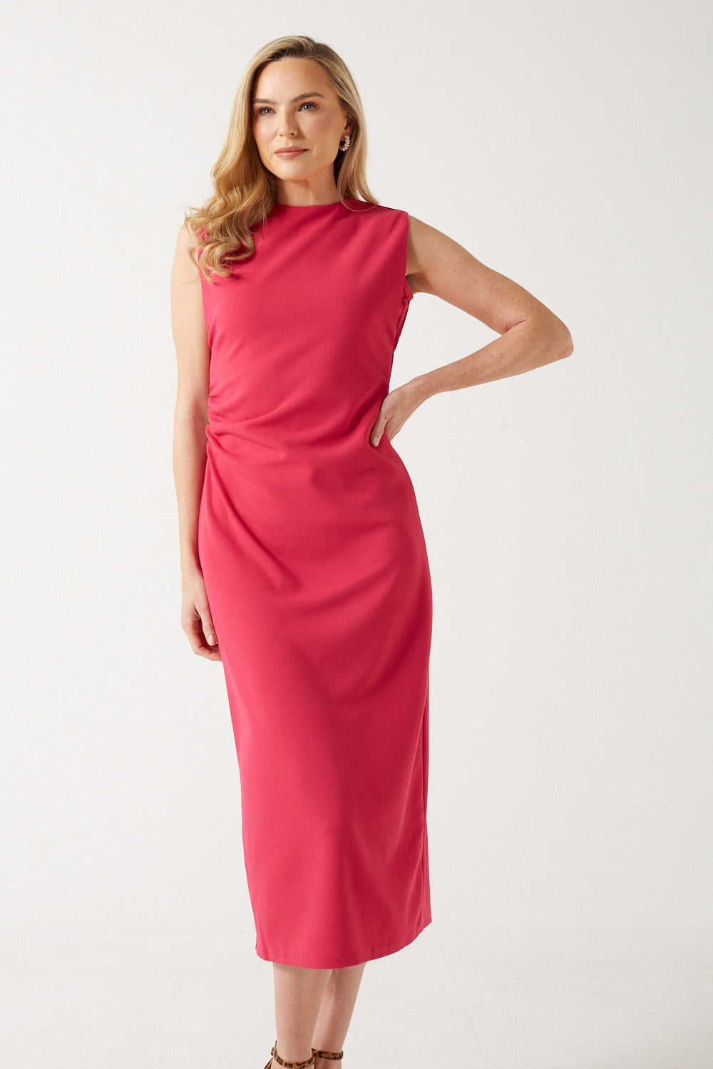 Melanie Ruched Midi Dress in Pink