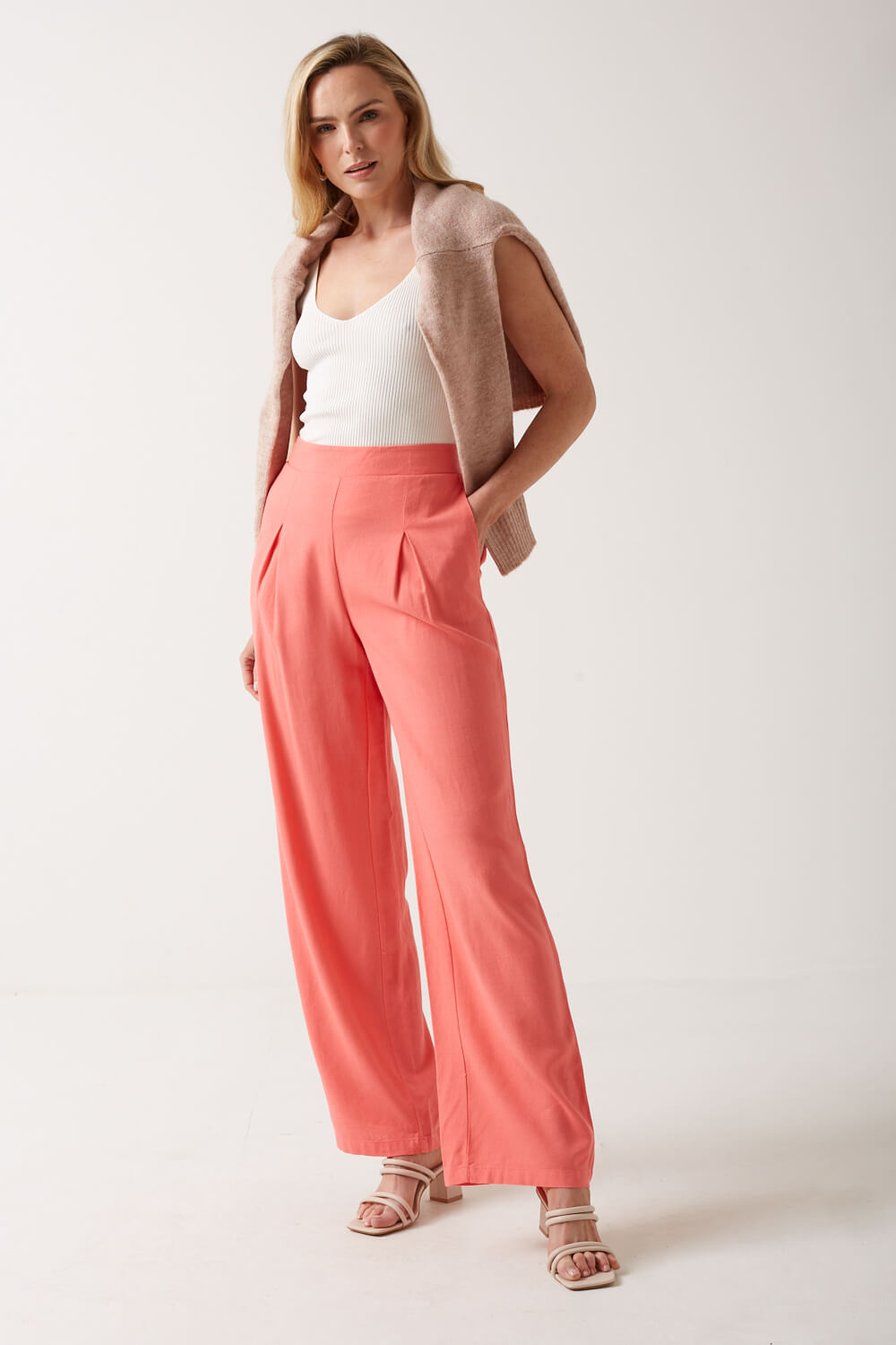 Milo High Waisted Wide Leg Trousers in Coral