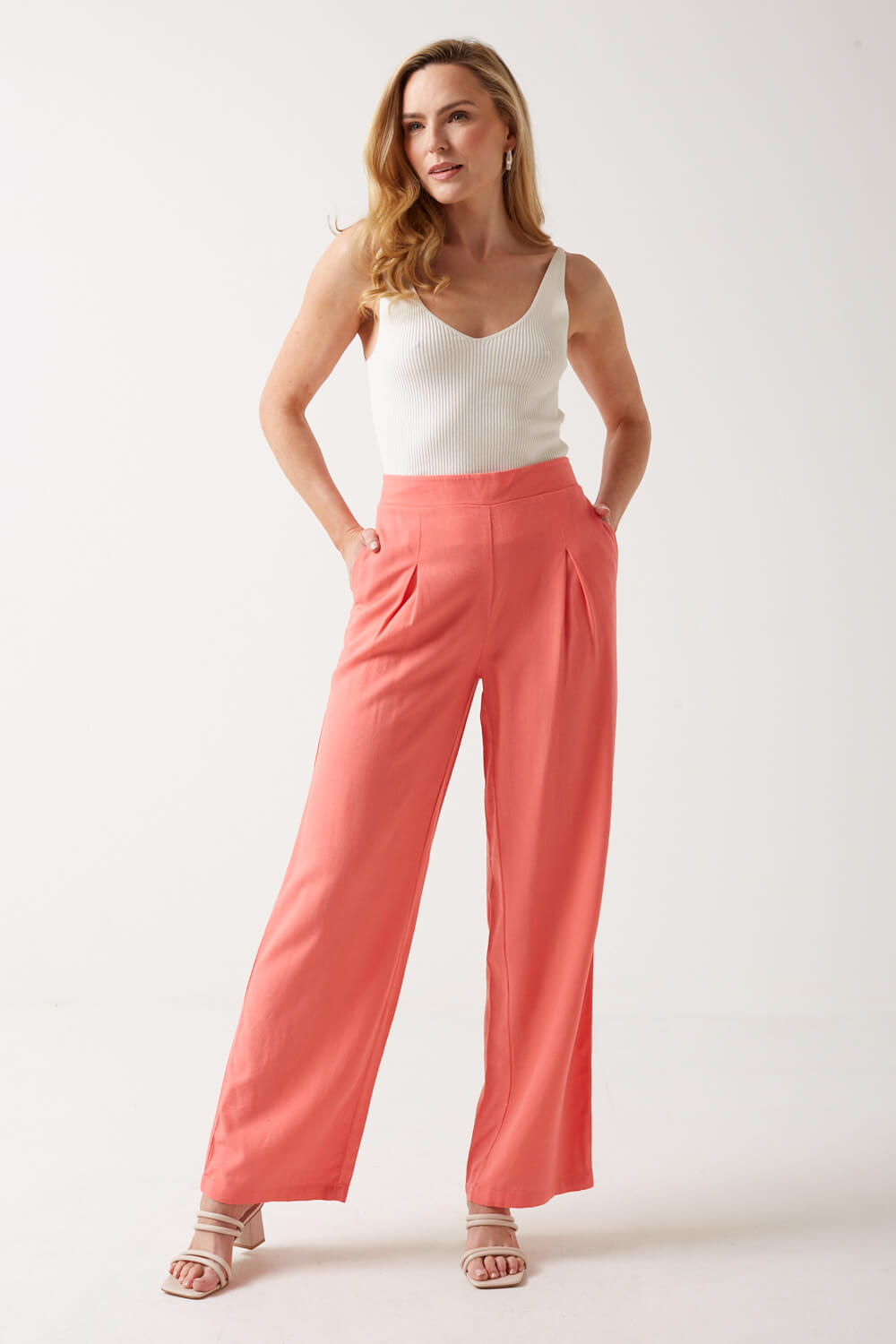Milo High Waisted Wide Leg Trousers in Coral