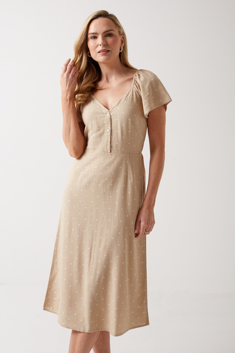 Milo Polka Dot Midi Dress in Beige