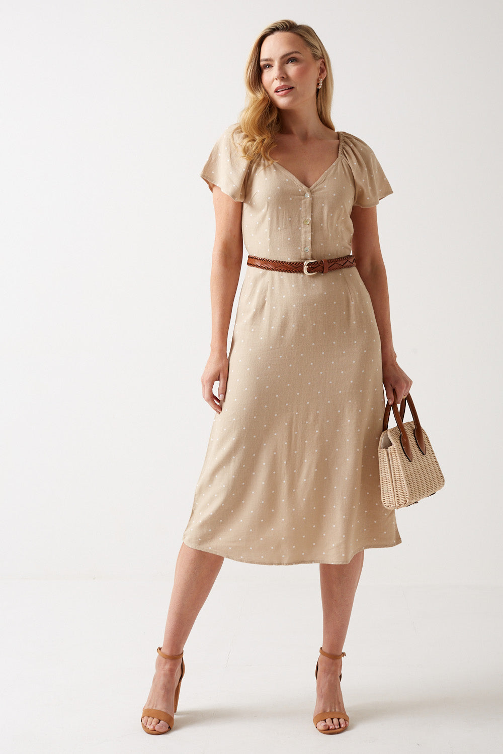 Milo Polka Dot Midi Dress in Beige
