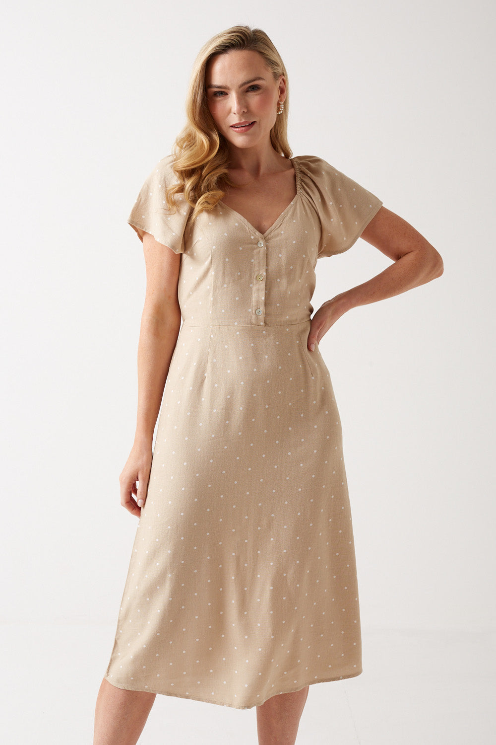 Milo Polka Dot Midi Dress in Beige