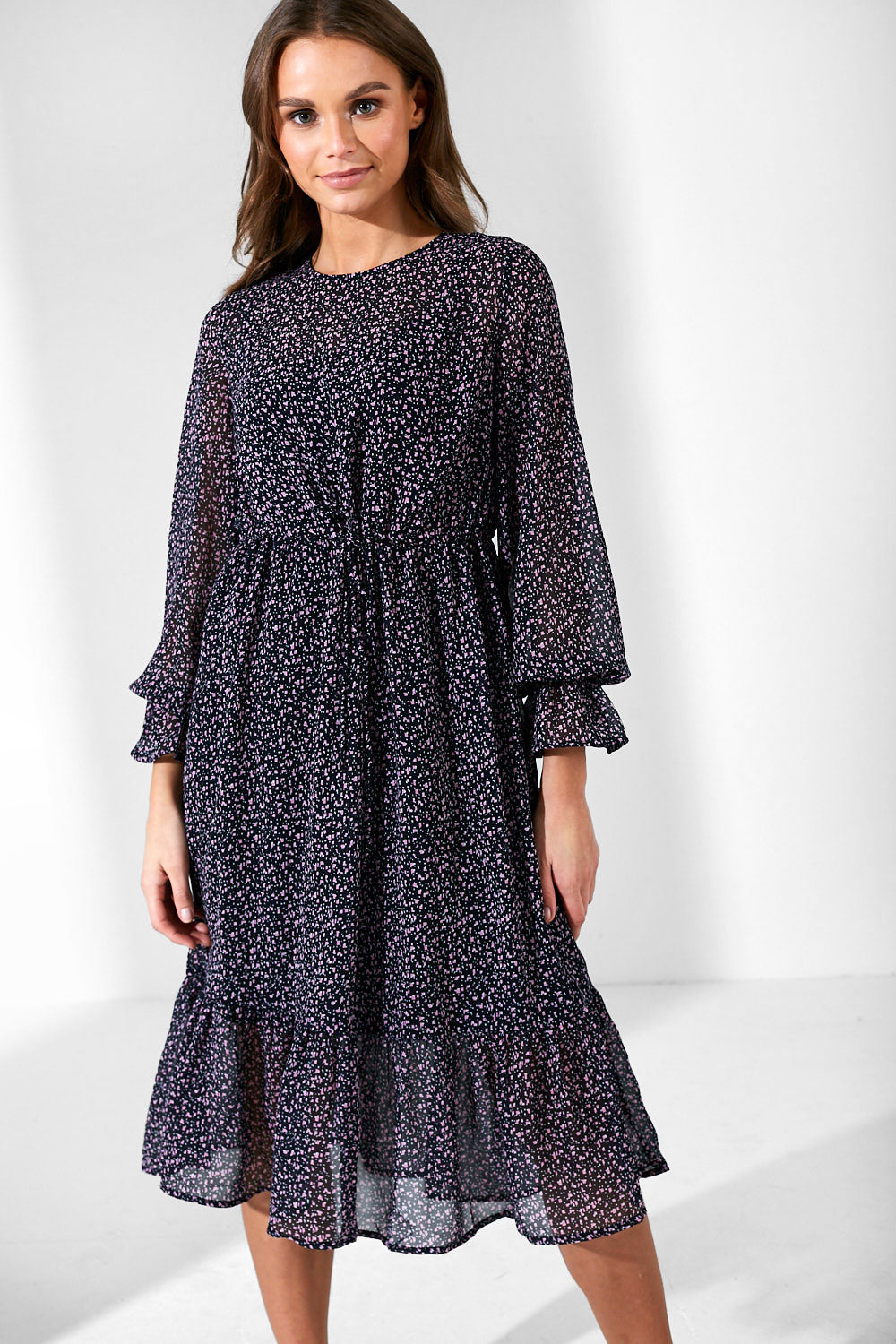 Misty Abstract Print Midi Dress in Navy