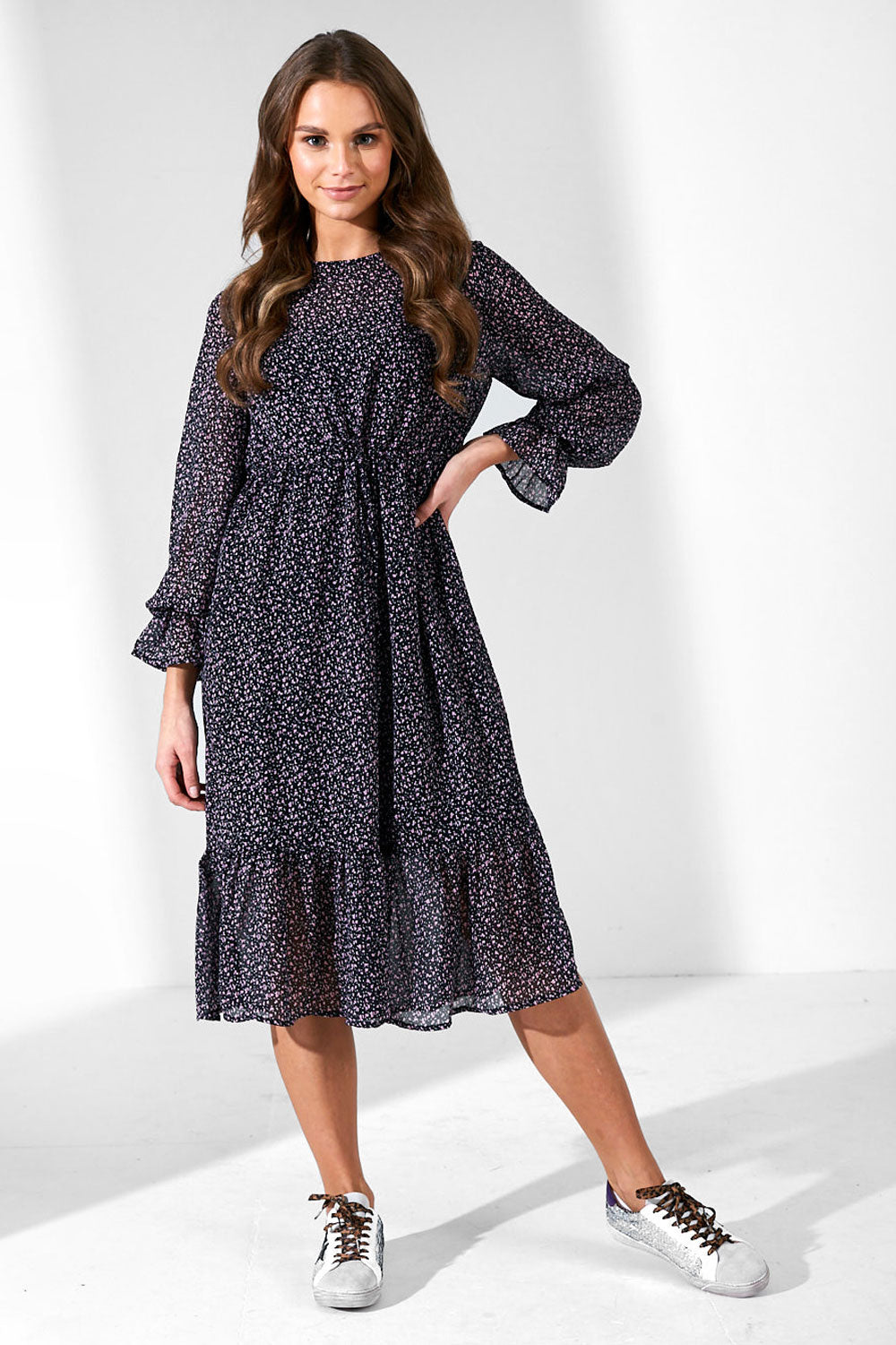 Misty Abstract Print Midi Dress in Navy