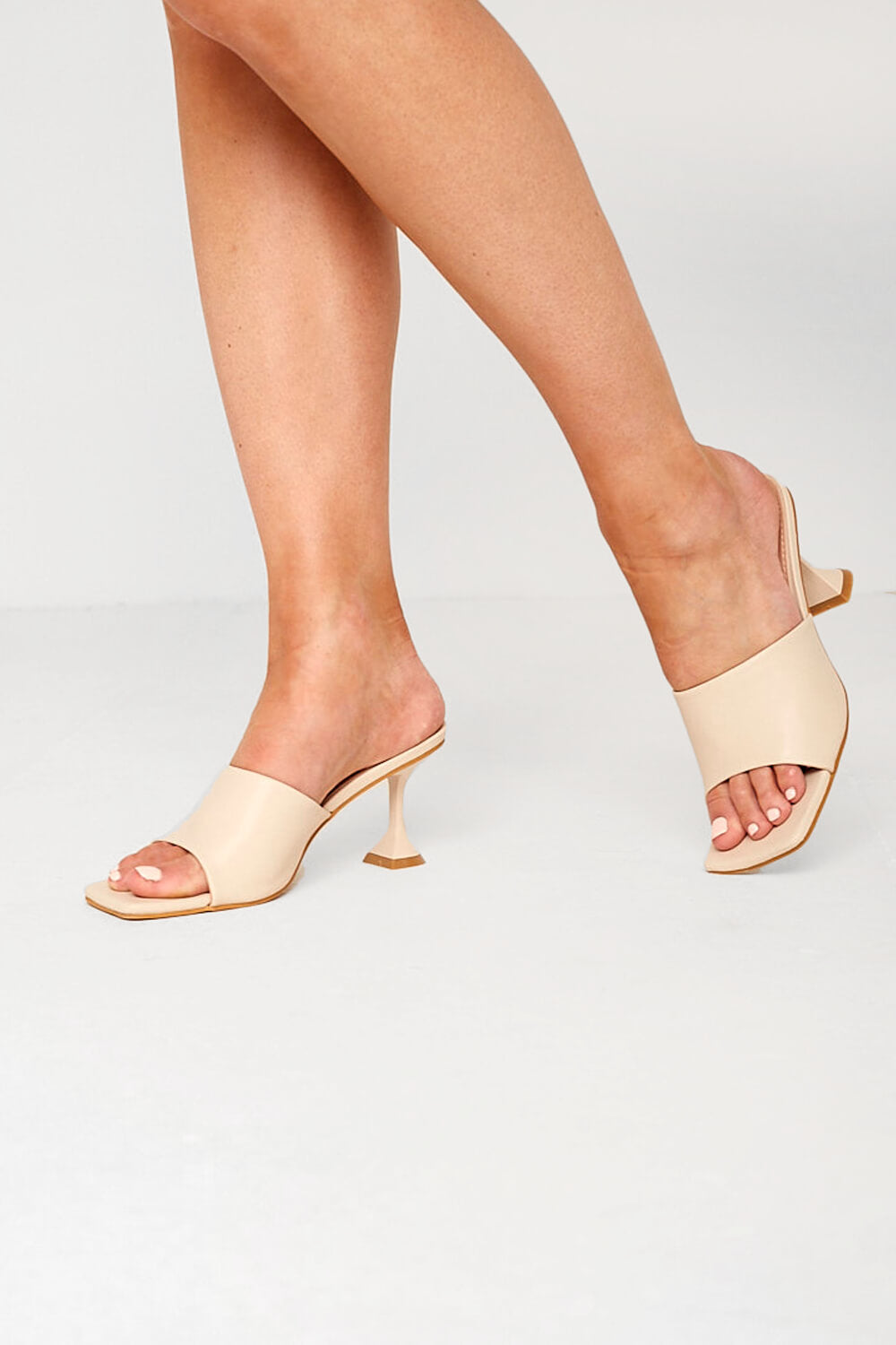 Nadia Square Toe Mule Heels in Beige