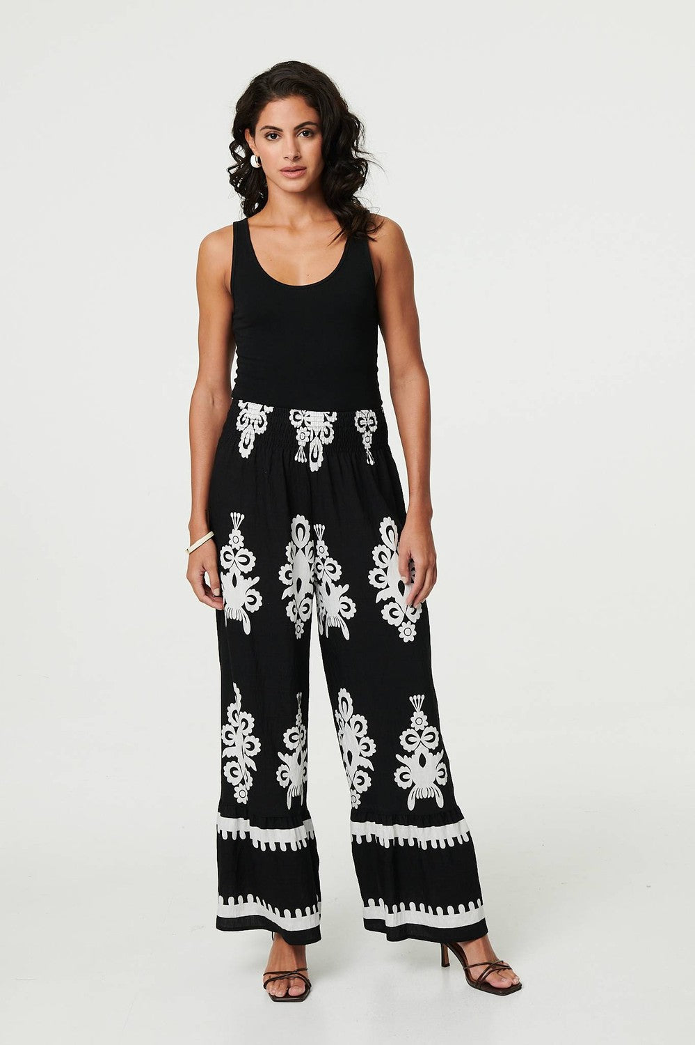 Ikat Print High Waist Wide Leg Trousers in Black