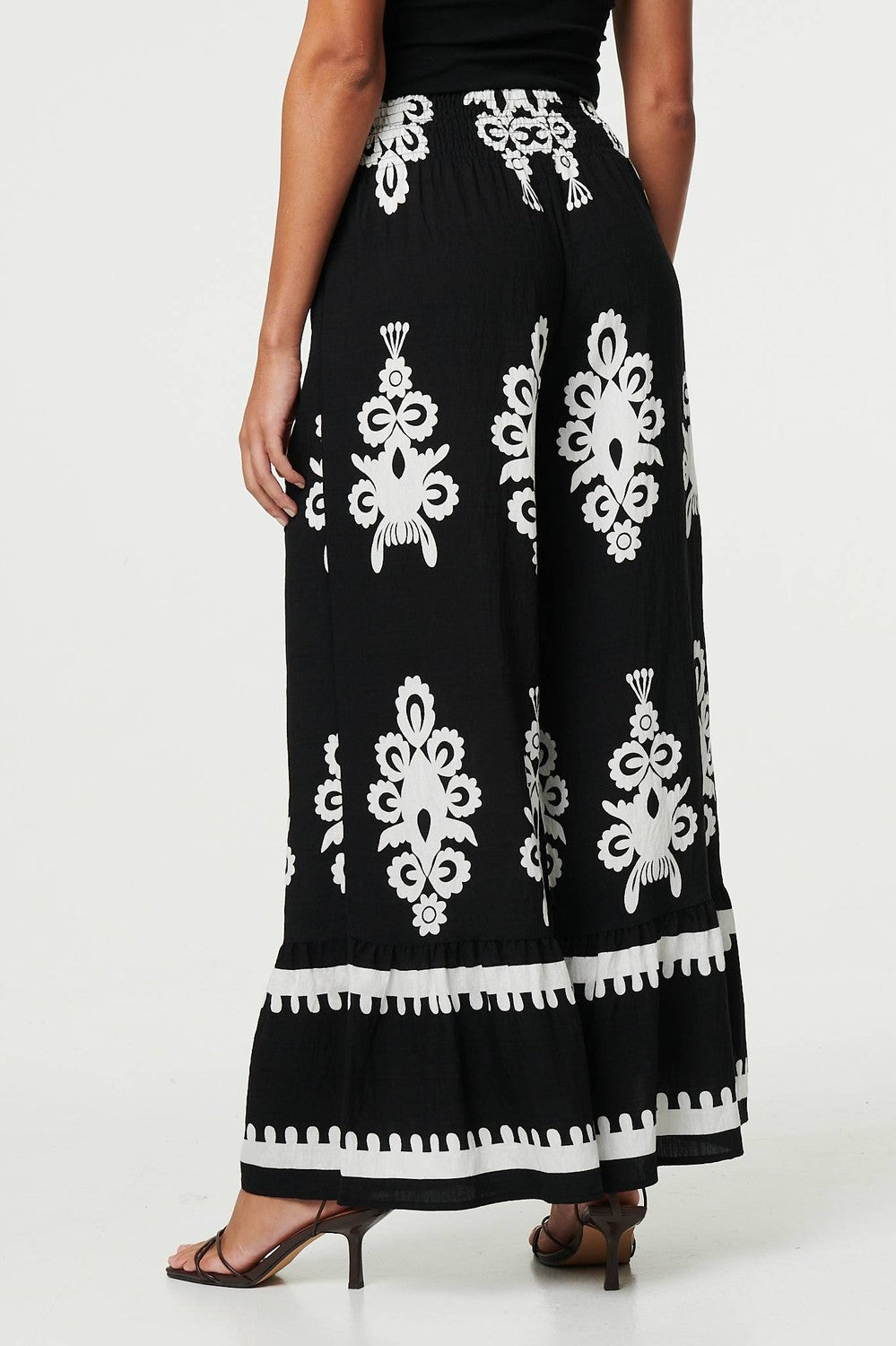 Ikat Print High Waist Wide Leg Trousers in Black