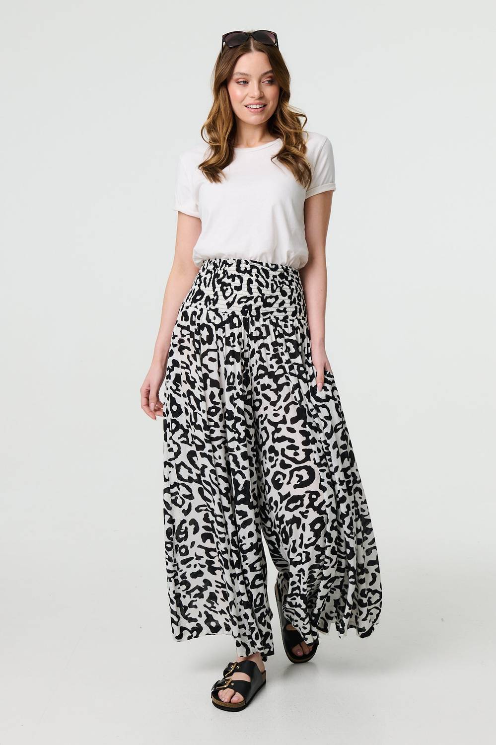 Animal Print High Waist Palazzo Pants in White
