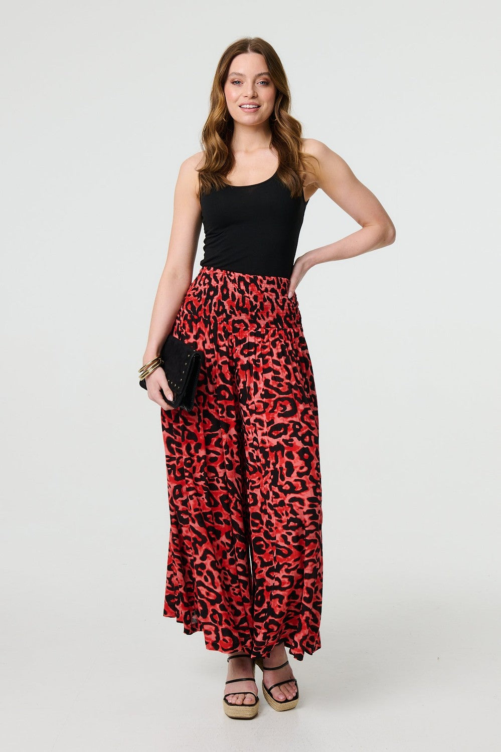 Animal Print High Waist Palazzo Pants in Red