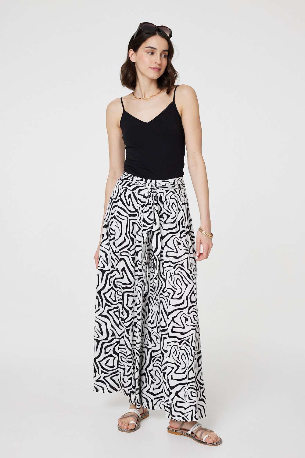 Nancy Zebra Print Wide Leg Tie Waist Trousers in Black and White
