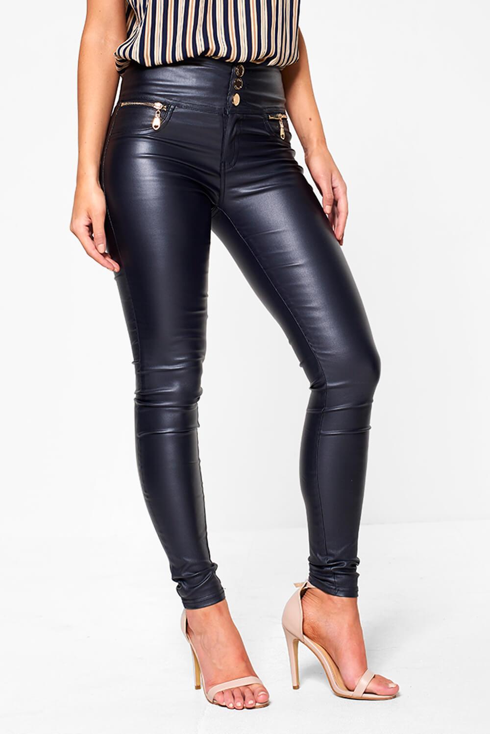 Paris High Waisted Wax Look Trousers in Navy