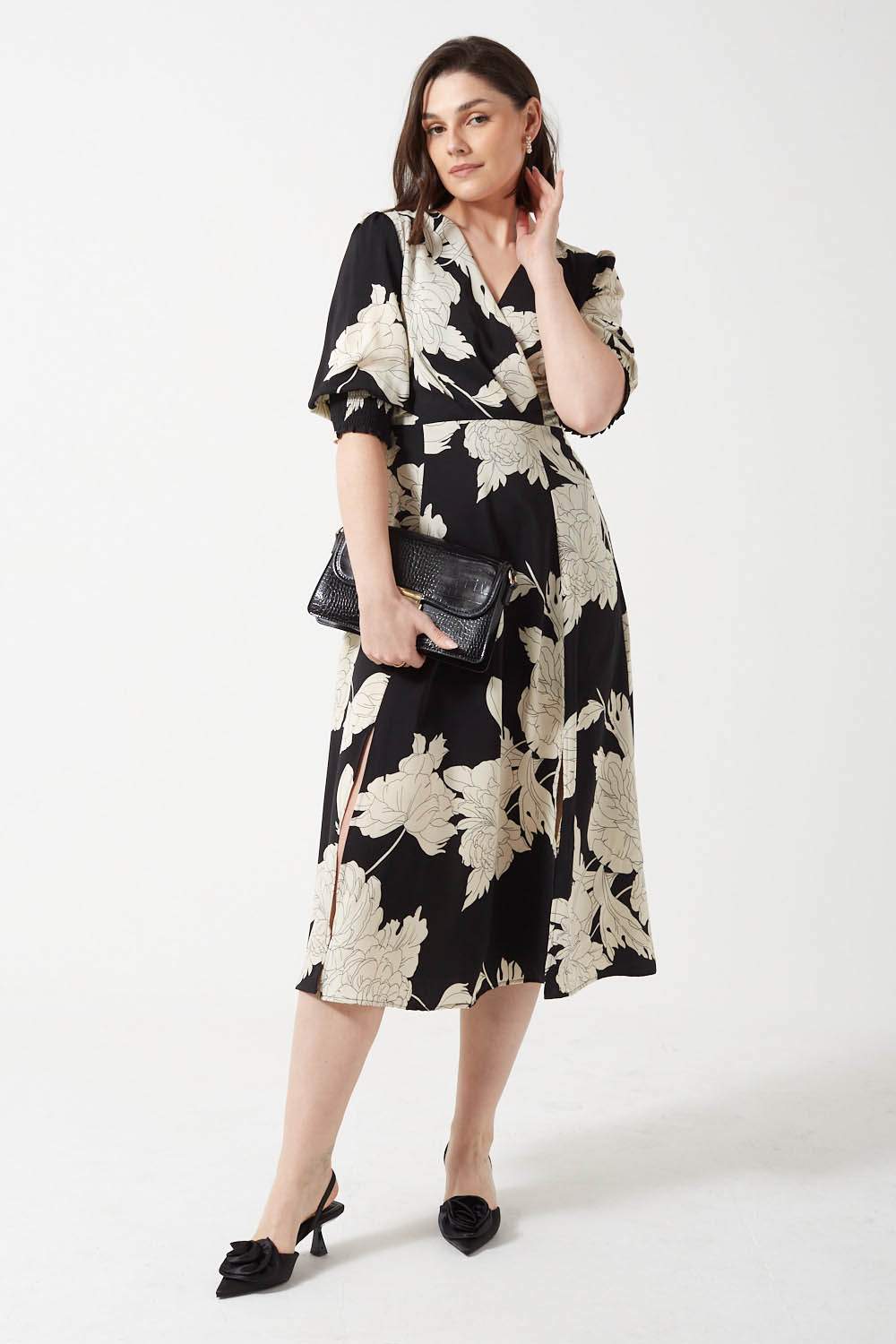 Jayna Floral Print Midi Dress in Black