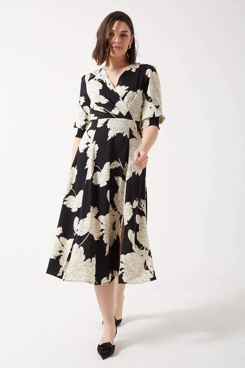 Jayna Floral Print Midi Dress in Black