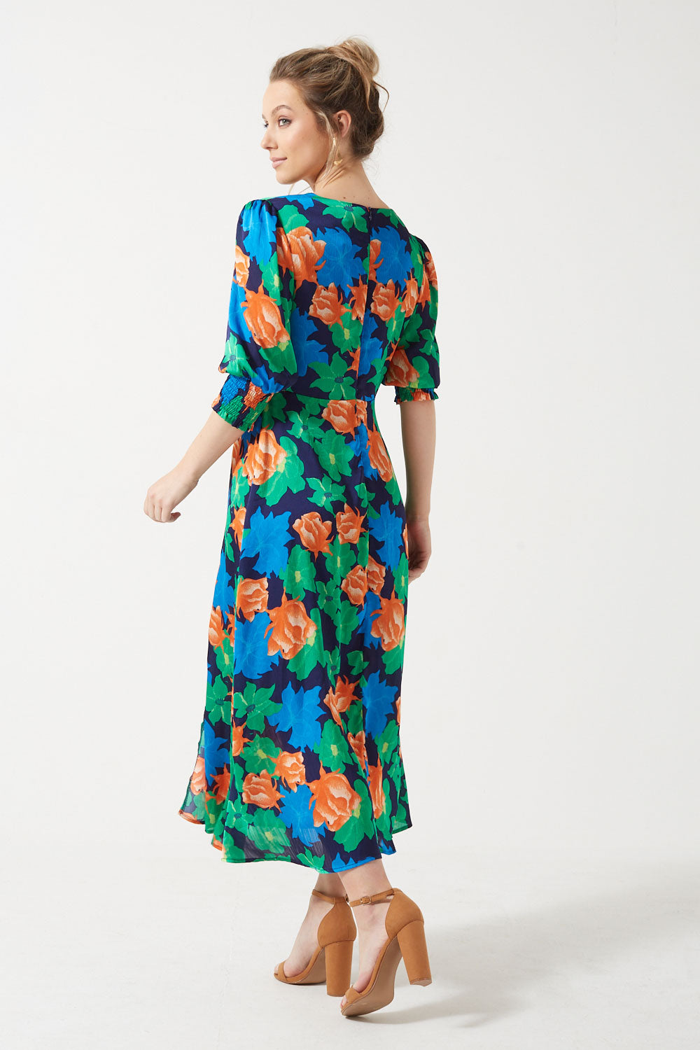 Jayna Colourful Floral Print V-Neck Midi Dress in Navy