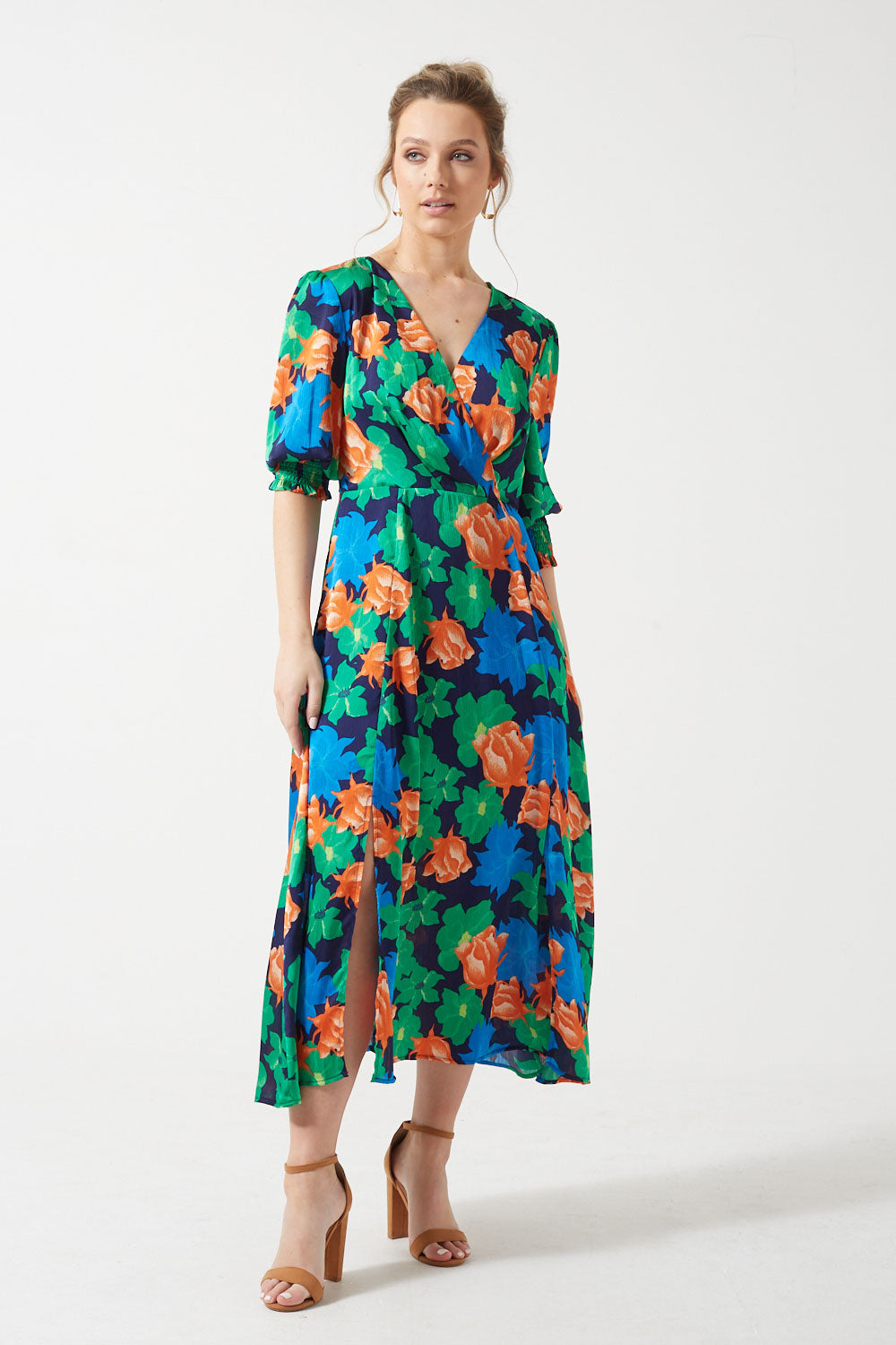Jayna Colourful Floral Print V-Neck Midi Dress in Navy