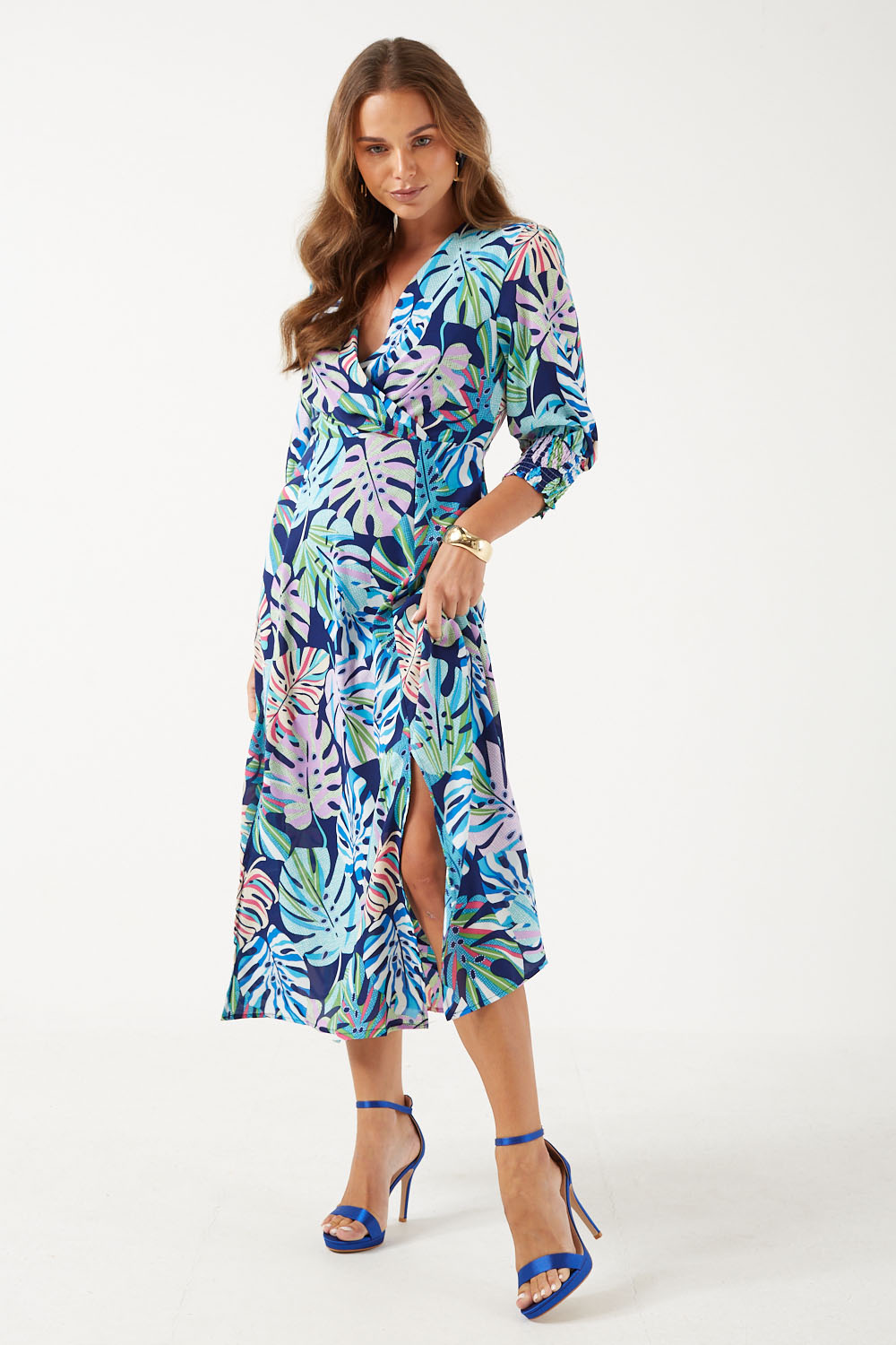 Jayna Colourful Leaves Print V-Neck Midi Dress in Navy
