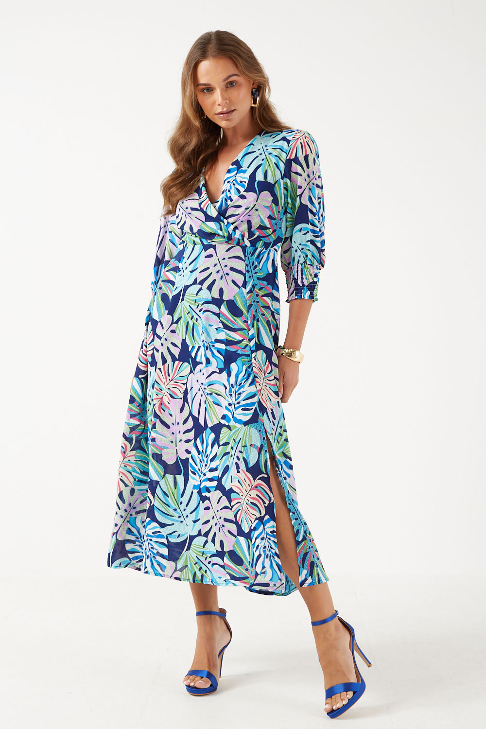 Jayna Colourful Leaves Print V-Neck Midi Dress in Navy