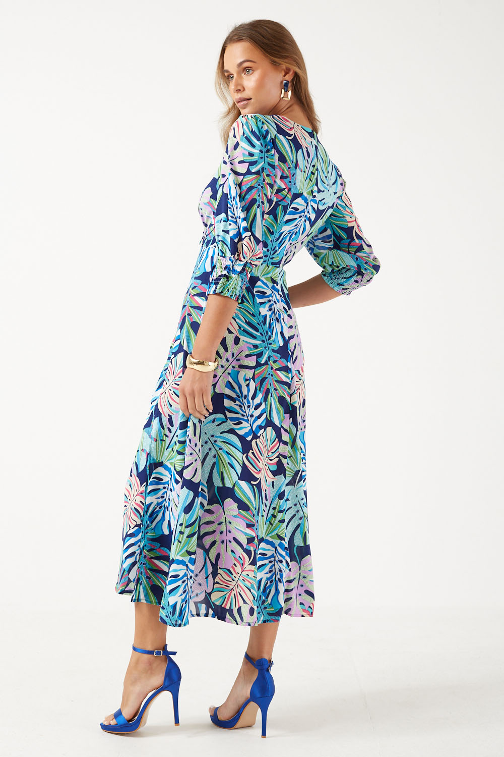 Jayna Colourful Leaves Print V-Neck Midi Dress in Navy