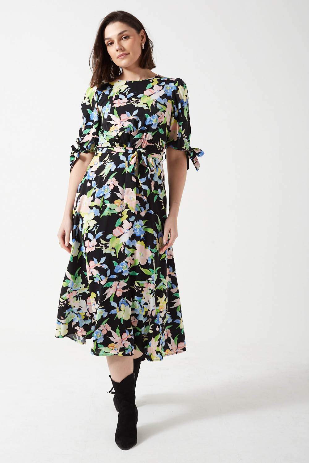 Gabi Watercolor Floral Print Midi Dress with Puff Sleeves in Black