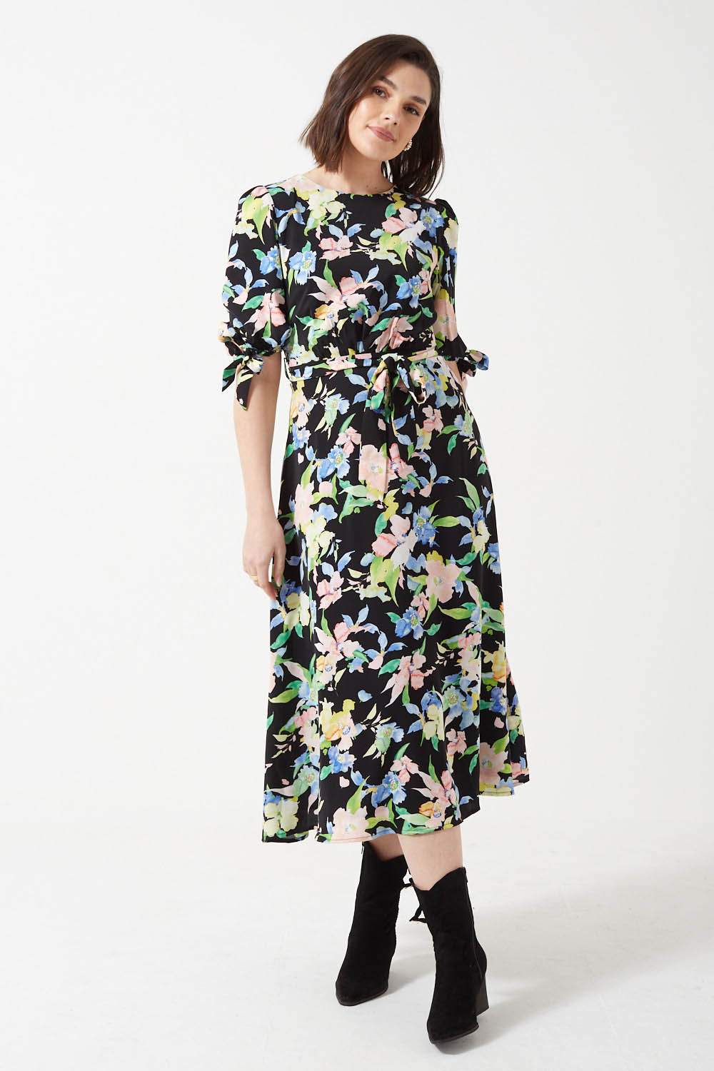 Gabi Watercolor Floral Print Midi Dress with Puff Sleeves in Black